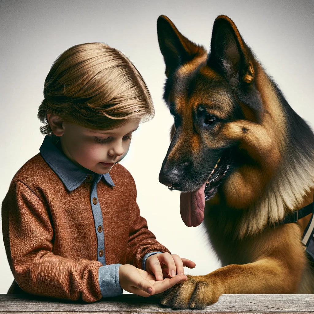 German Shepherd protection dog helping a child with developmental disorders