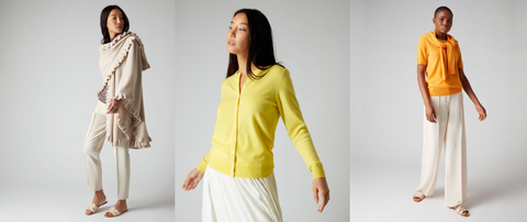 Three images of a beige cashmere pashmina, yellow cashmere cardigan and orange cashmere jumper