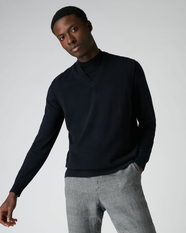 The Burlington V Neck 1Ply Cashmere Sweater Navy | N.Peal, London