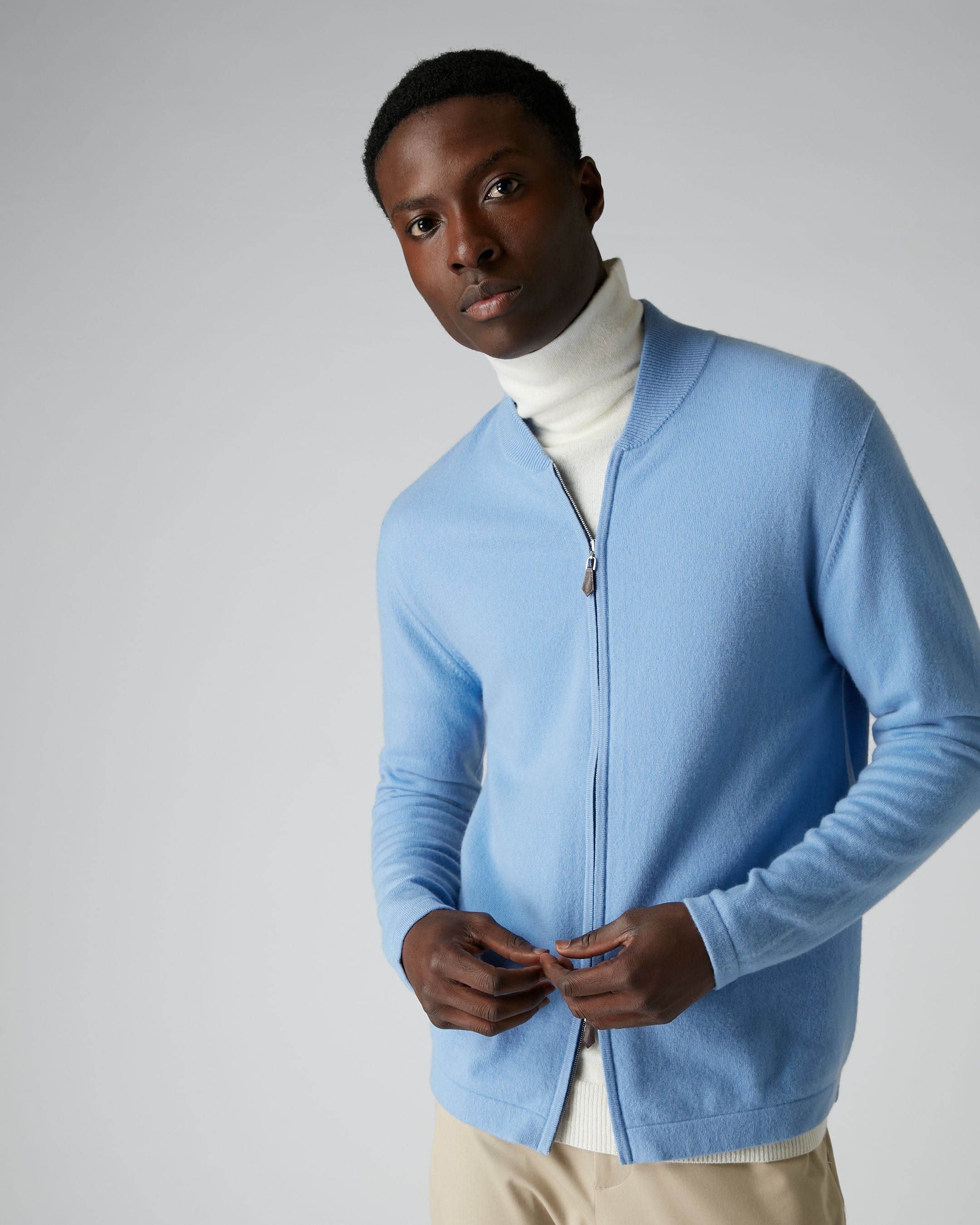 007 Zip Through Cashmere Bomber Jacket Light Blue