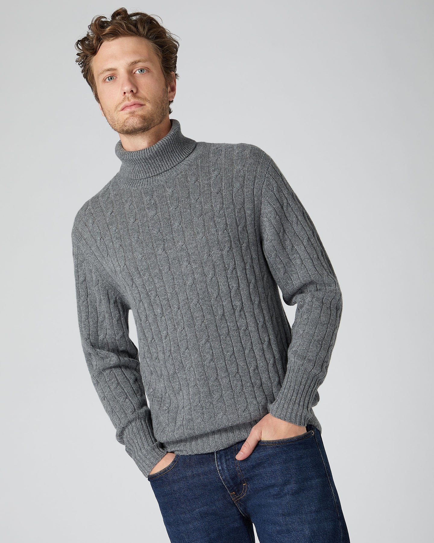 Men's Classic Cable Roll Neck Cashmere Jumper Elephant Grey | N.Peal