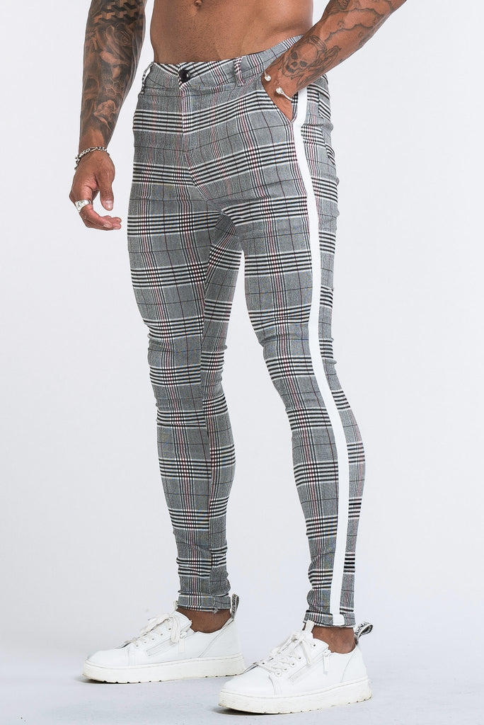 GREY STRETCH TROUSERS - WHITE STRIPE – Moda Paris