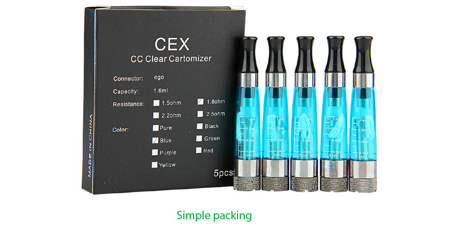 5pc Long Wick eGo CEX 1.6ml CC (Coil Changeable) clear cartomizer/clearomizer