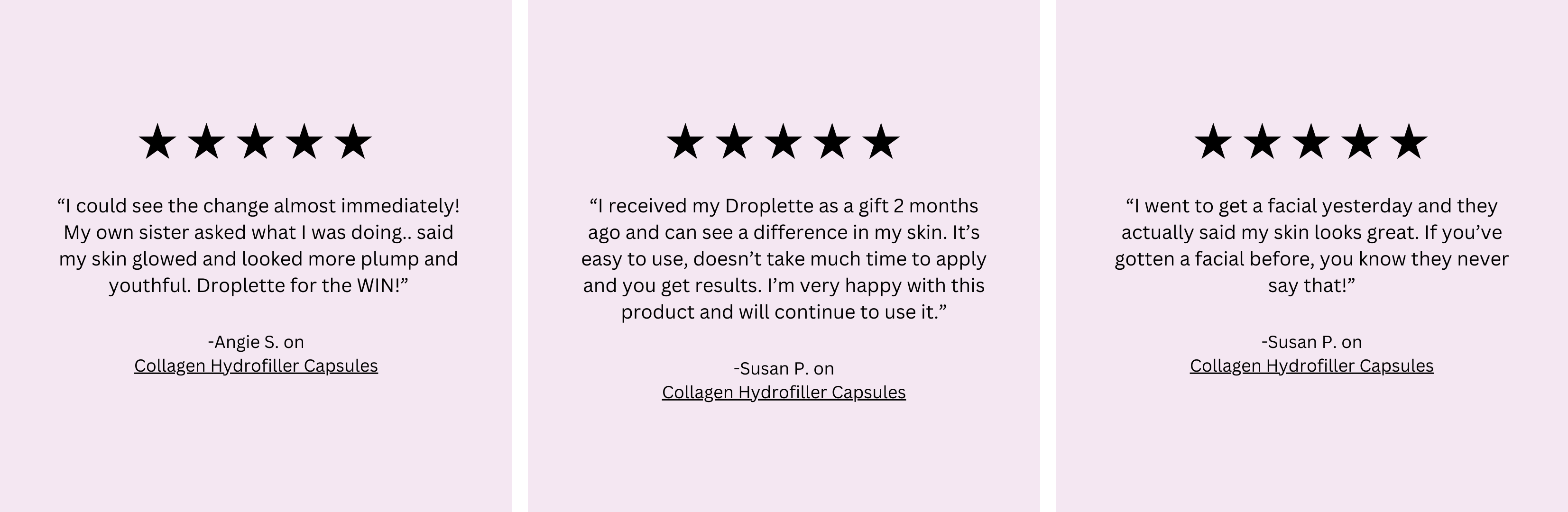 Five-star review praising collagen-boosting hydrofiller capsules for improving skin appearance.