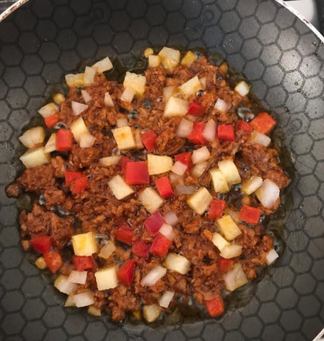 Pan with chopped chorizo,onion, potato and bell peppers