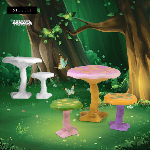 Mushroom stools and table in forest 