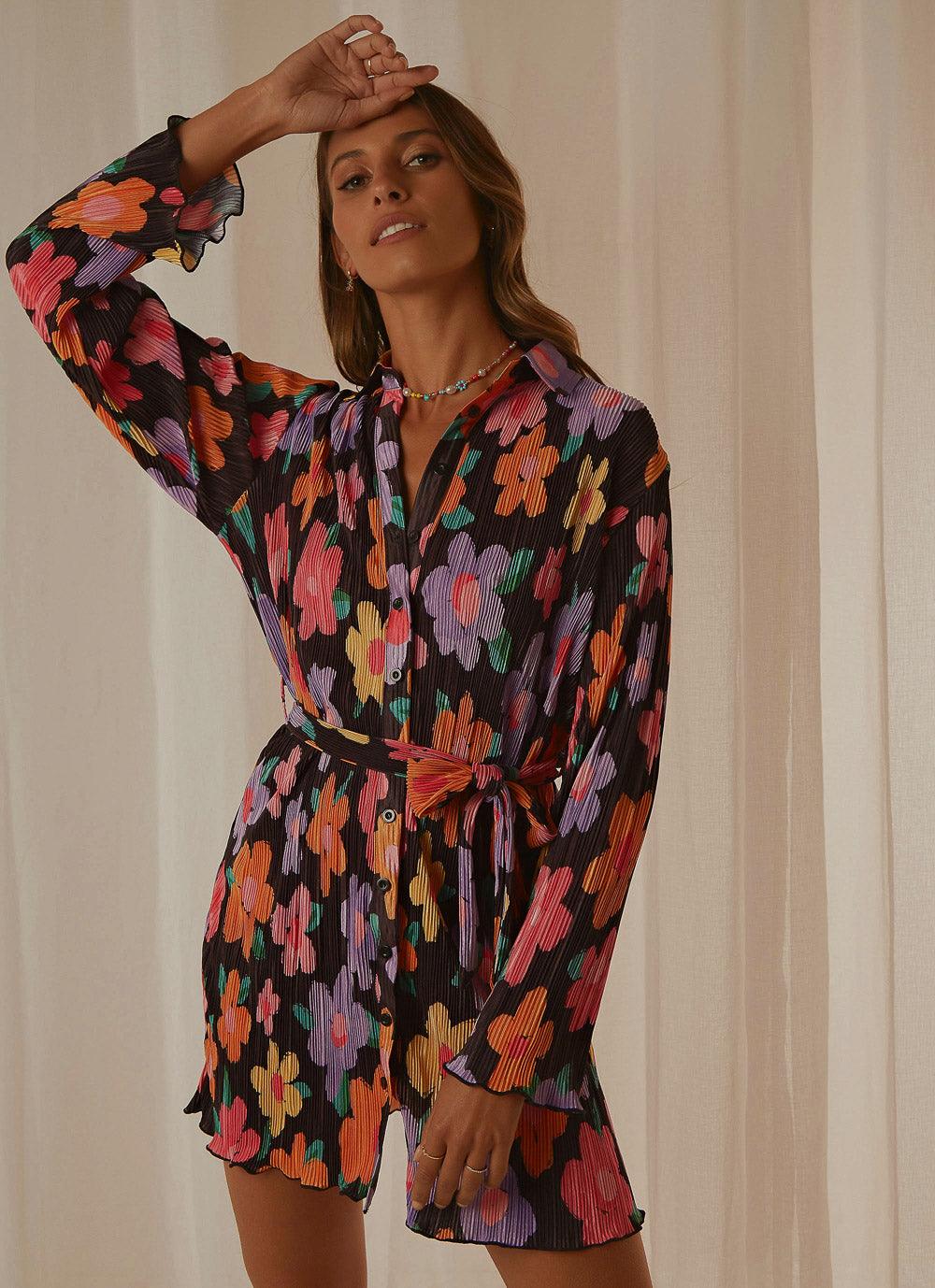 Soho Chic Shirt Dress - Noir Bloom – Peppermayo