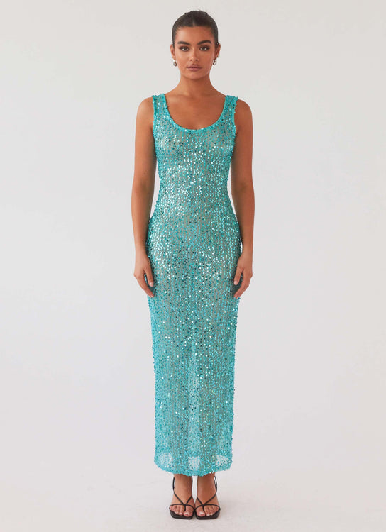 Blue Buttercup Long Sleeve Pearl Mesh Overlay Maxi Dress