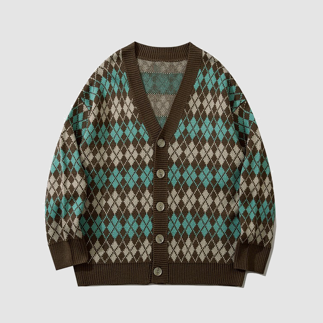 Vintage Argyle V-neck Knitted Cardigan