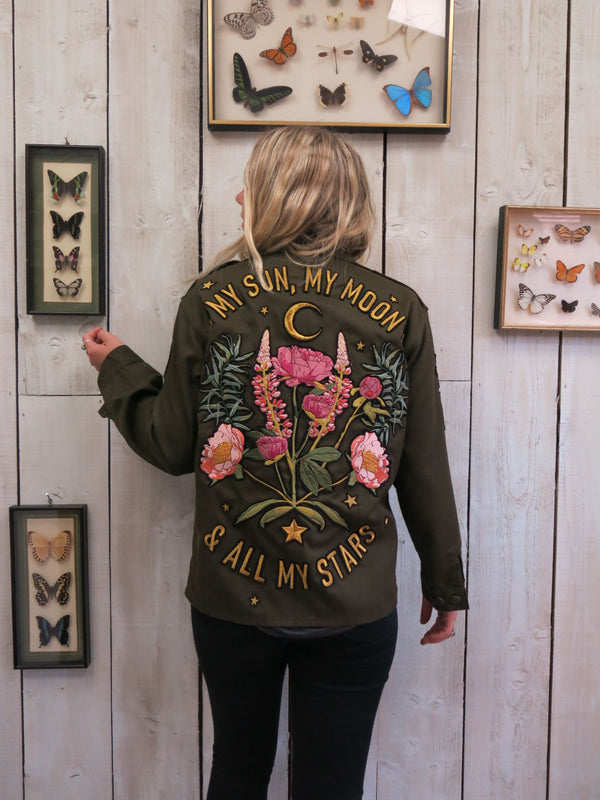 My Sun My Moon' Embroidered Camo Jacket | Jackets | Denim and Bone