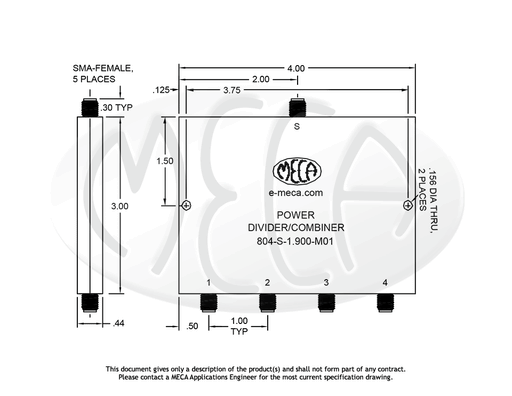 4W SMA-Female Power Dividers, 804-2-3.000, 2.0-4.0 GHz — MECA 