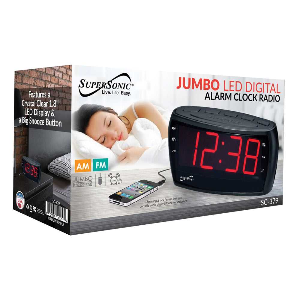 Digital AM/FM Alarm Clock Radio with Jumbo Digital Display  AUX Input –  Supersonic Inc