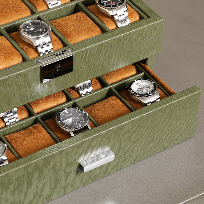 Rothwell 10 Slot Watch Box With Drawer (Green / Tan)