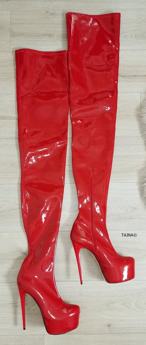Red Patent 100 cm Extreme Ultra High Thigh Boots | Tajna Shoes