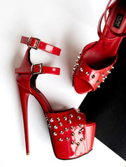 Red Spike Studded Double Belted Heels