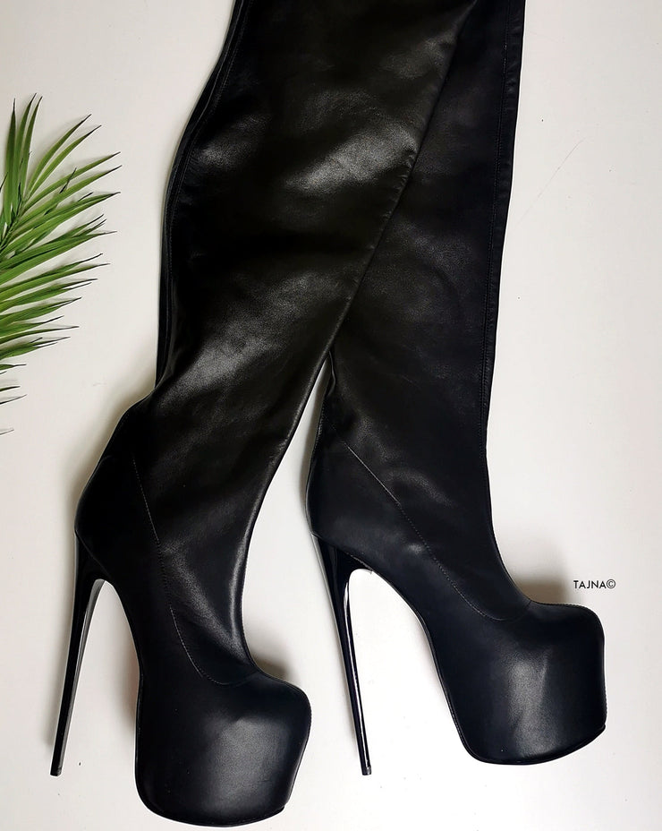 Thigh High Black Genuine Leather Boots | Tajna Shoes