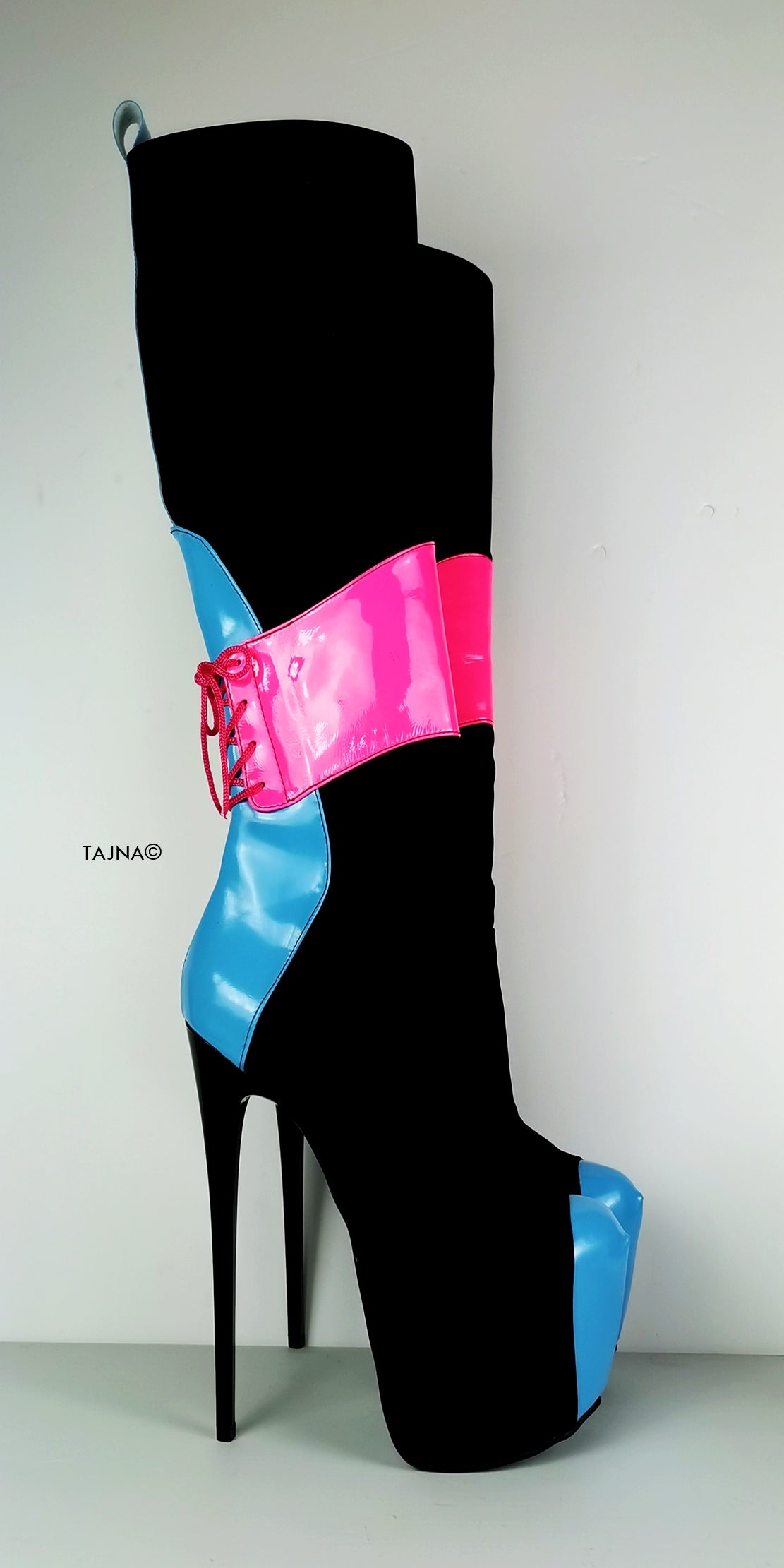 Neon Pink Gloss Mid Calf High Heel Boots | Tajna Shoes – Tajna Club