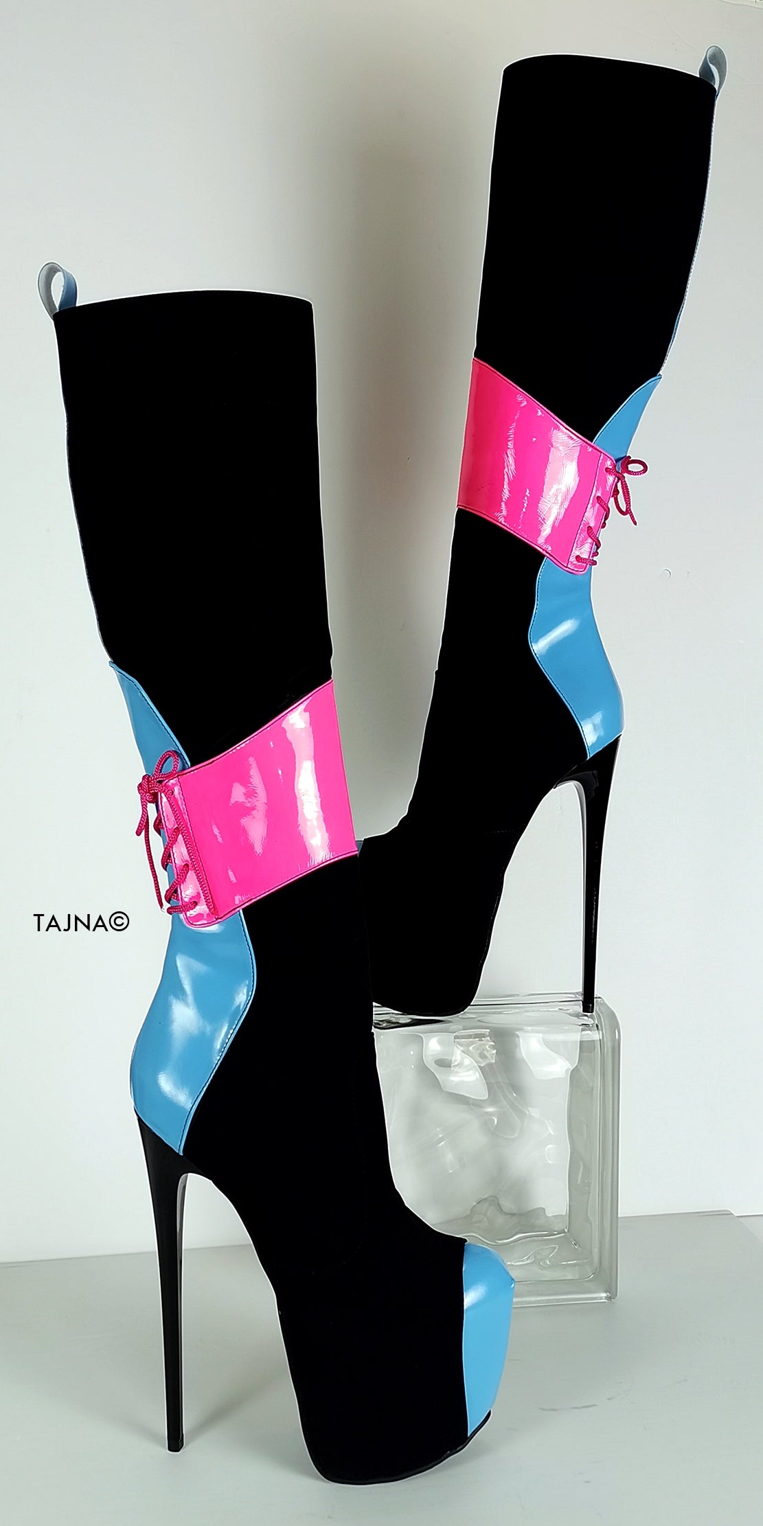 Neon Pink Gloss Mid Calf High Heel Boots | Tajna Shoes – Tajna Club