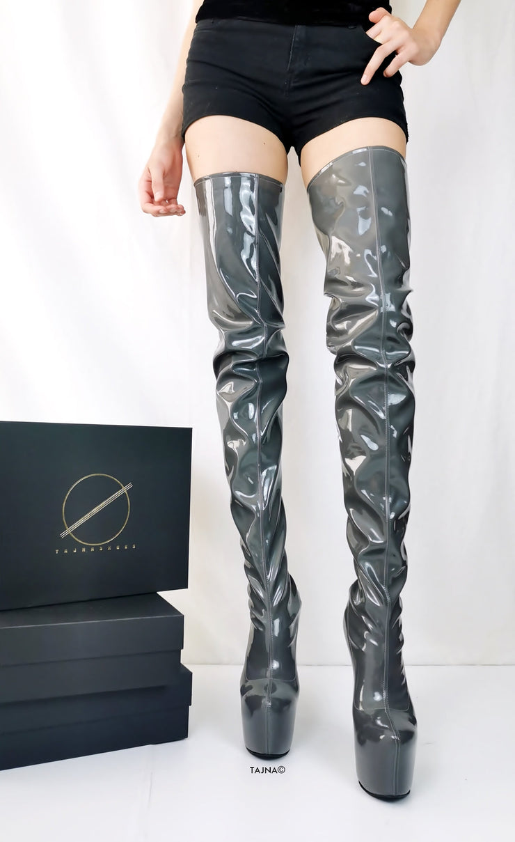 Gray Gloss Back Zipper Thigh High Boots | Tajna Shoes