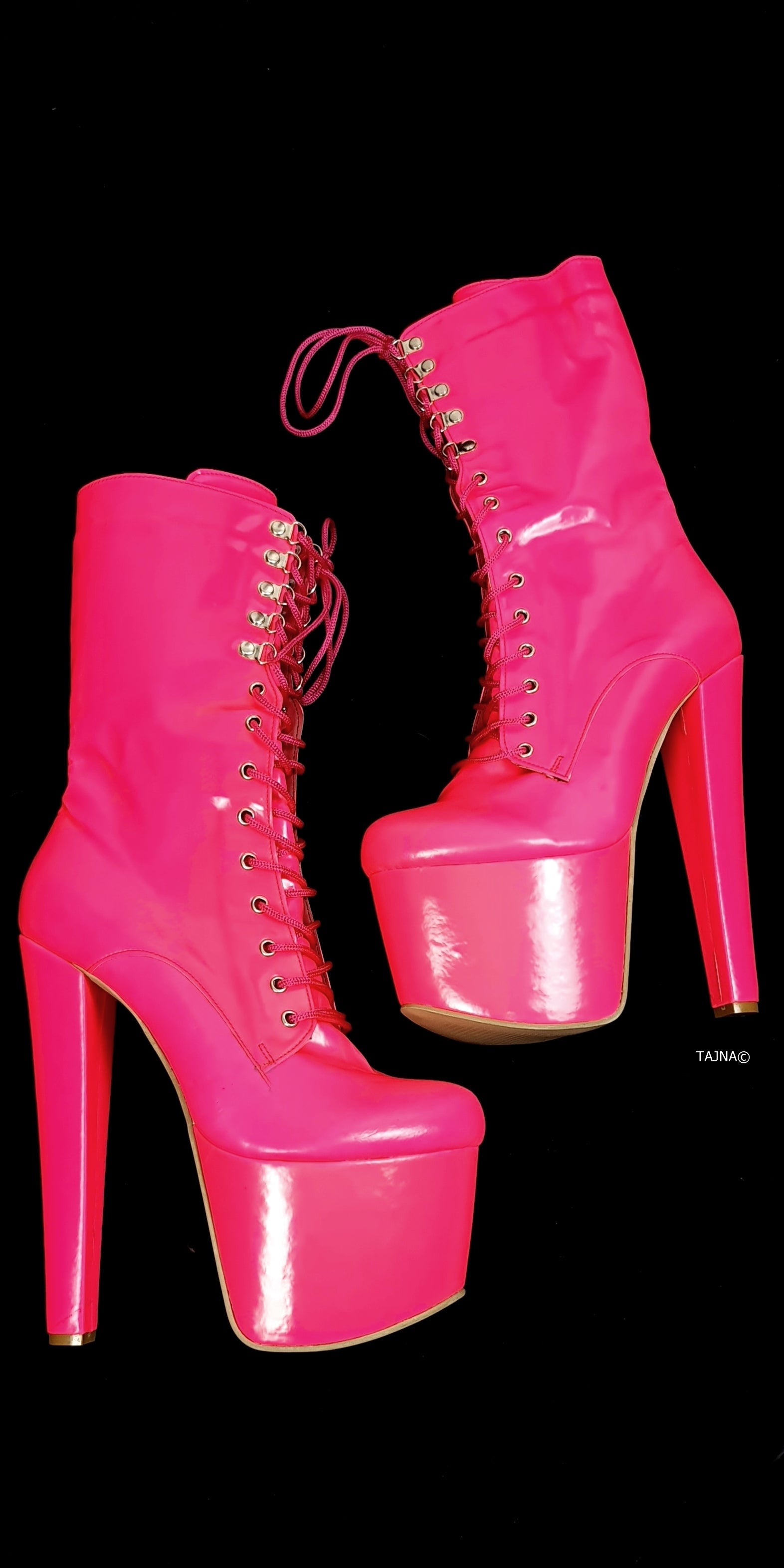 Neon Pink Gloss Mid Calf High Heel Boots | Tajna Shoes – Tajna Club