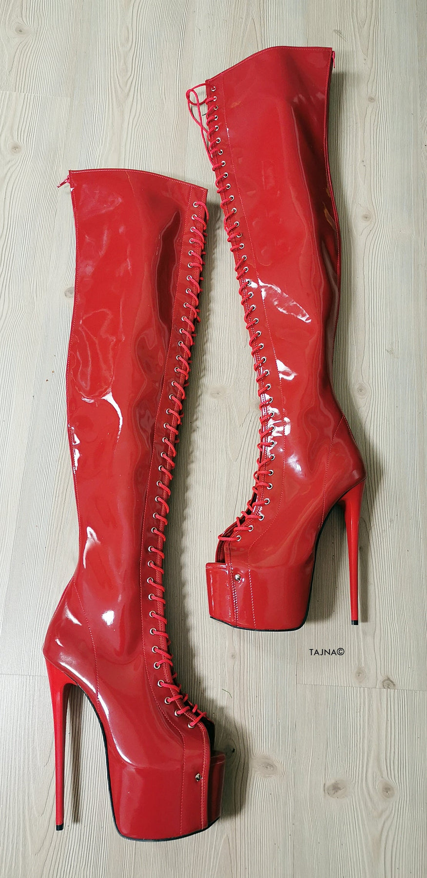 Red Patent Gladiator Lace Up Thigh High Boots | Tajna Shoes