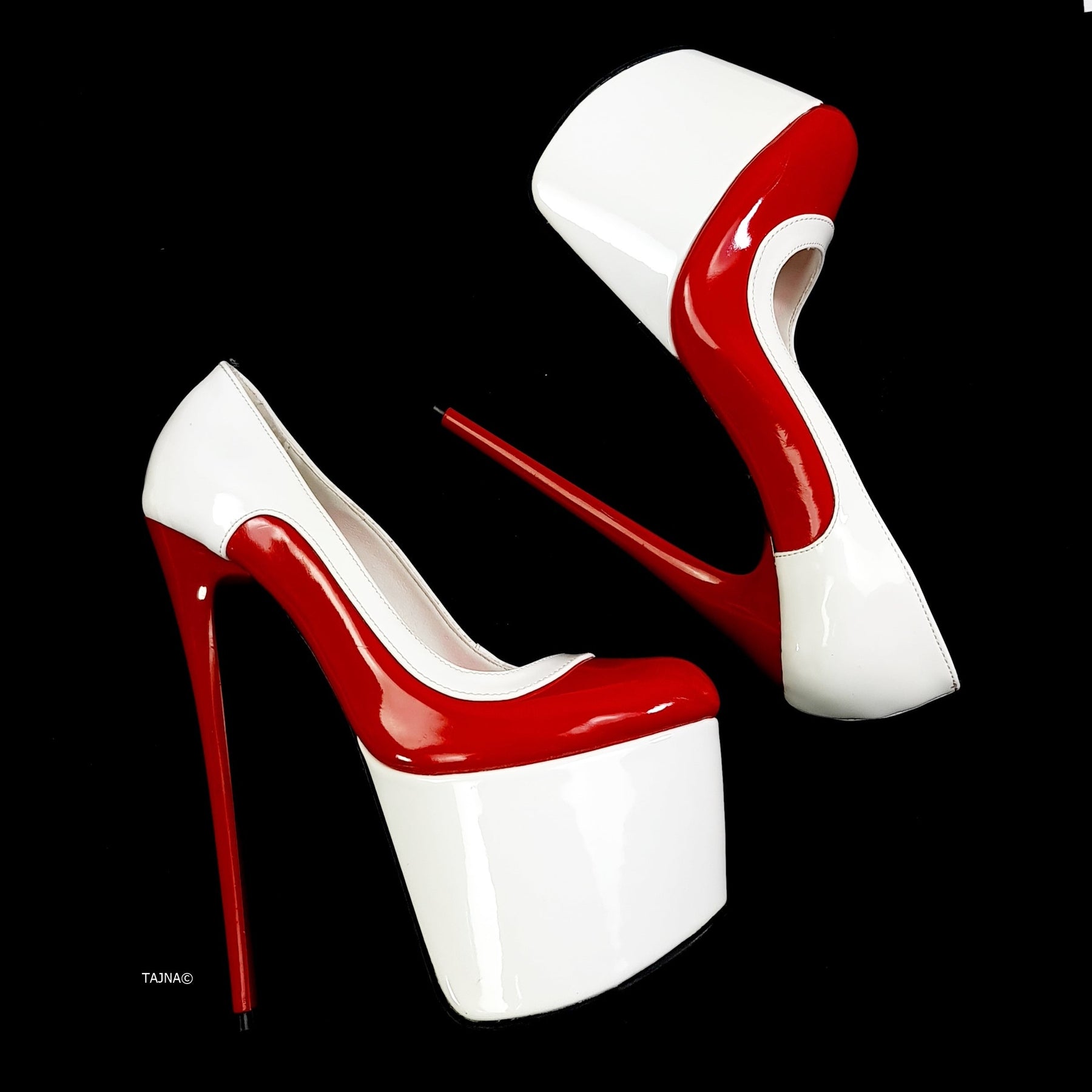Red White Gloss High Heel Platform Pumps | Tajna Shoes