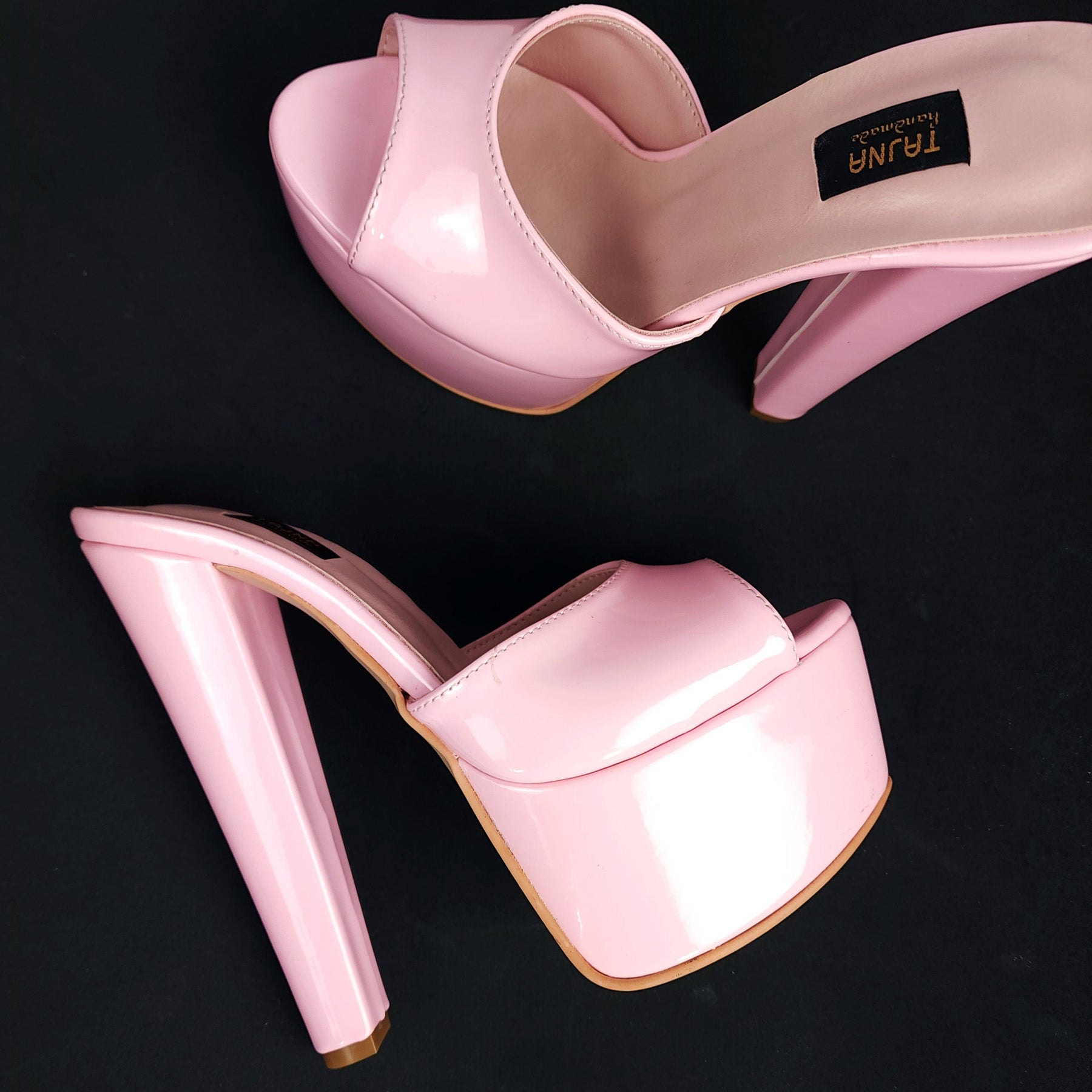 Light Pink Gloss Chunky High Heel Mules | Tajna Shoes