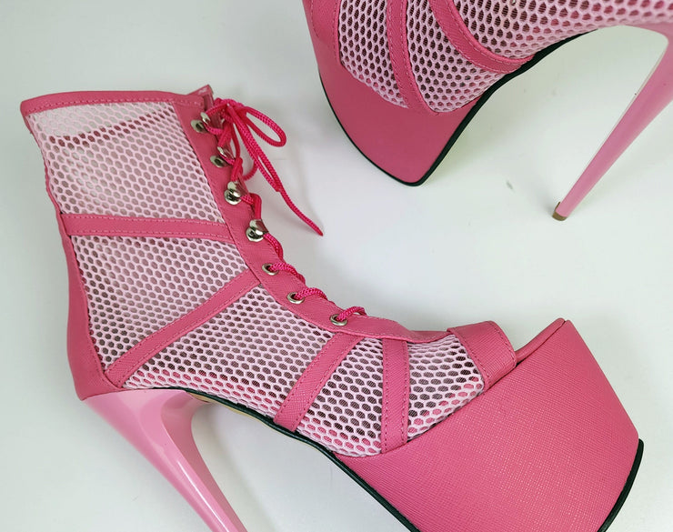 Pink Fishnet Lace-up  Platform High Heel Booties