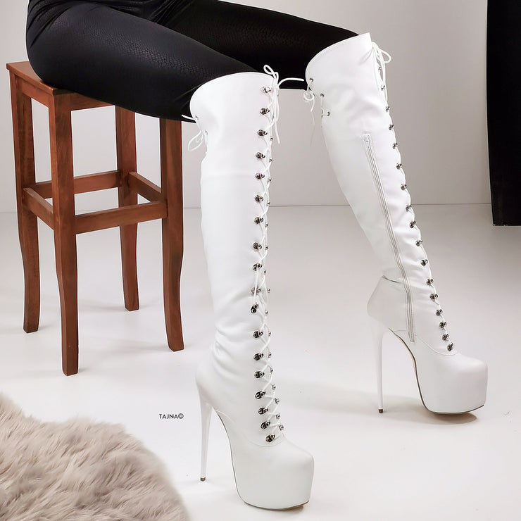 White Matte Military Syle Lace Up Boots | Tajna Shoes