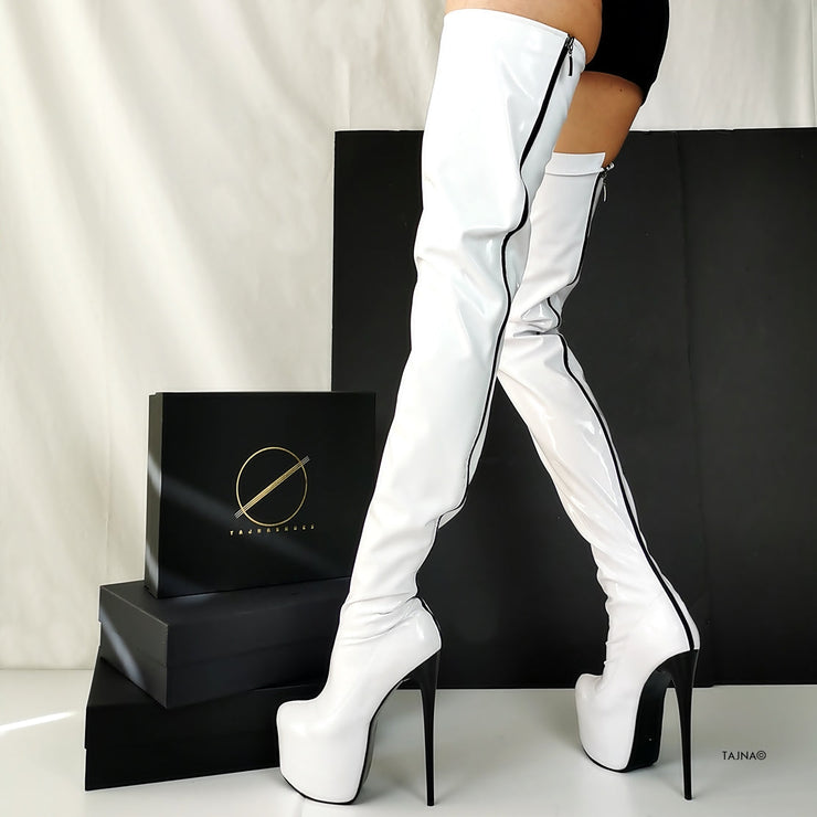 Back Zipper White Gloss Thigh High Boots Tajna Shoes