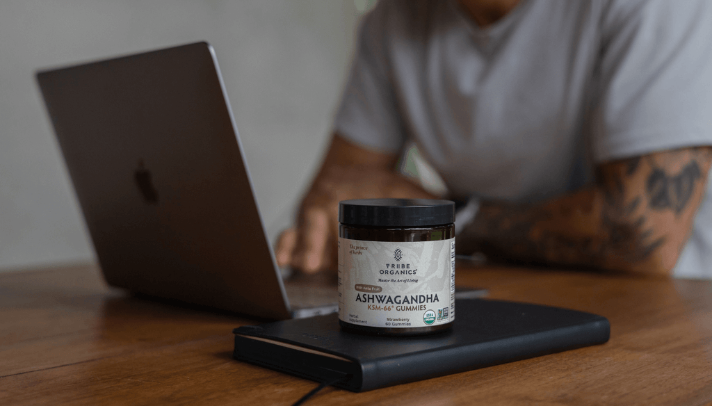 Man working at his desk with a bottle of Tribe Organics Ashwagandha gummies