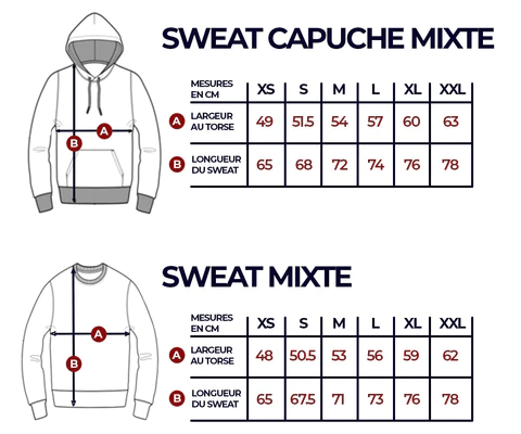 Guide des tailles sweat à capuche et unisexe