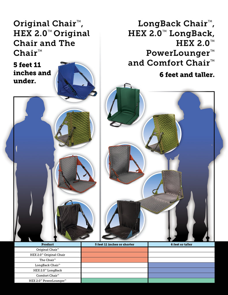 Sizing Chart for Crazy Creek Products