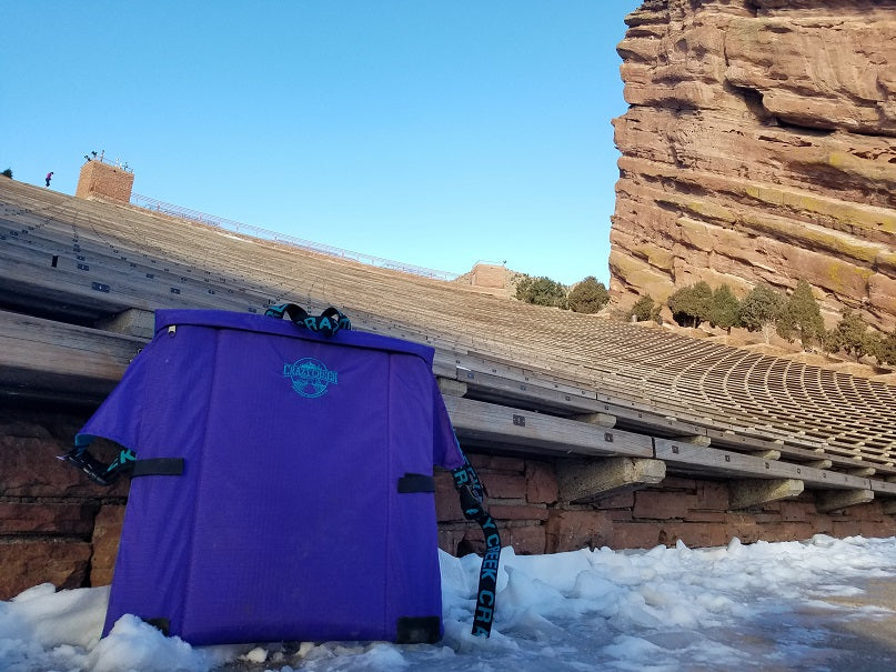 Crazy Creek Chair at an empty Red Rocks Amphitheater