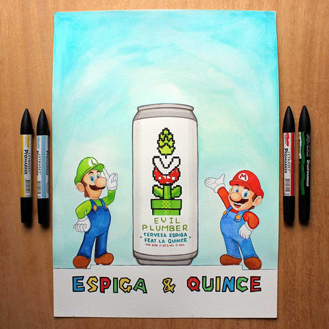 Super Mario Bros. Diseño de Cuando la cerveza no sale de la cabeza. Diseño de El pez que comía lúpulo de Helado de lúpulo de Uno de los diseños de CRAFT BEER SKETCH