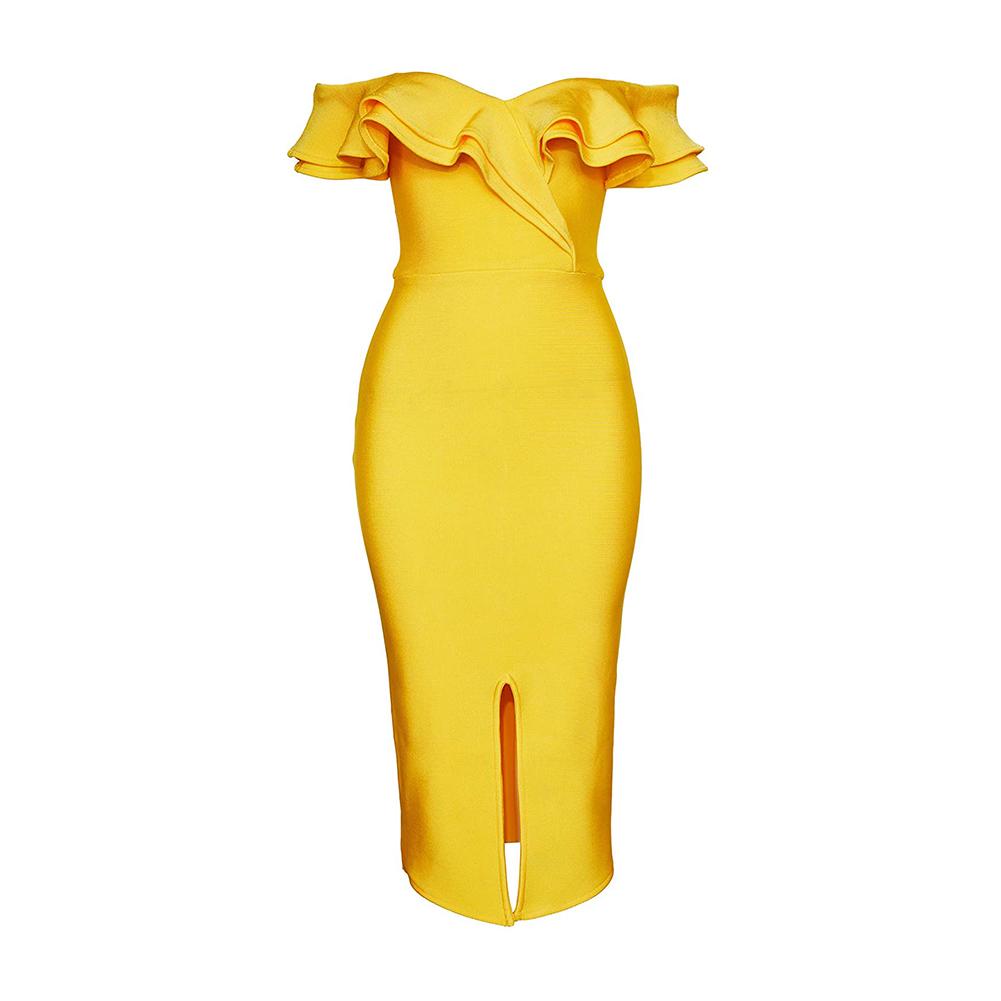 Yellow Off Shoulder Slit Bandage Dress | Rumor Apparel