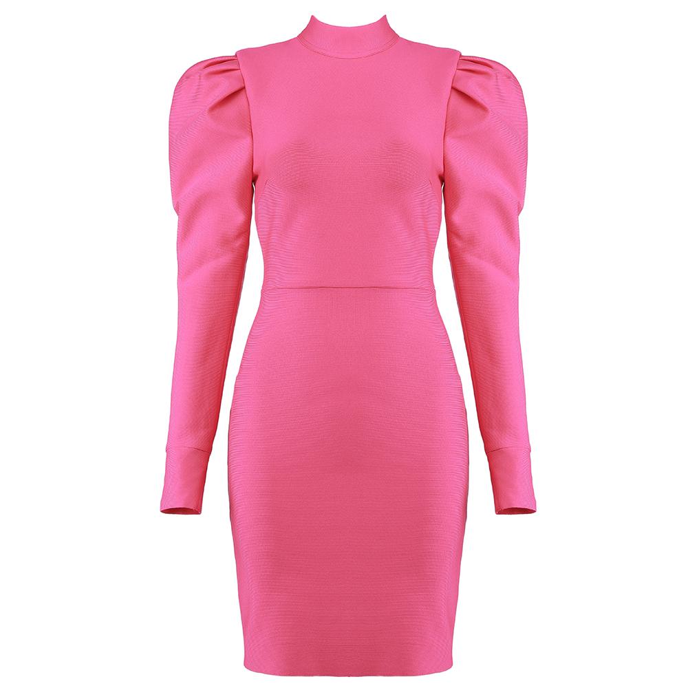 Rose High Neck Puff Shoulder Bandage Dress | Rumor Apparel