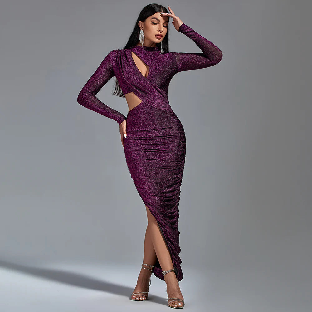 Purple Long Sleeve Metallic Jersey Cutout Dress