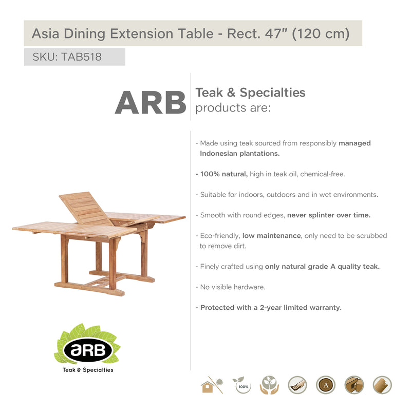 Teak Dining Extension Table Asia - Rectangular 47"/71"