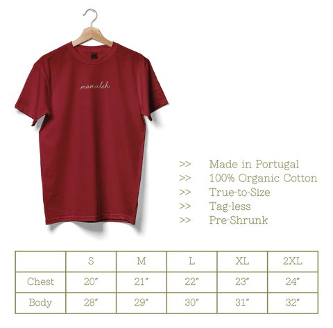 Sizing chart for the mamaleh t-shirt