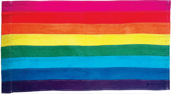 A photo of the original gay pride flag designed by Gilbert Baker in San Francisco.