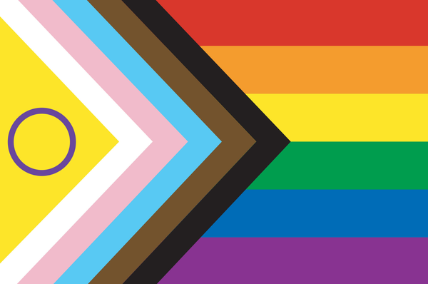 The 2021 version of the pride flag designed by Daniel Quasar including a circle to represent intersex people in the gay pride flag.