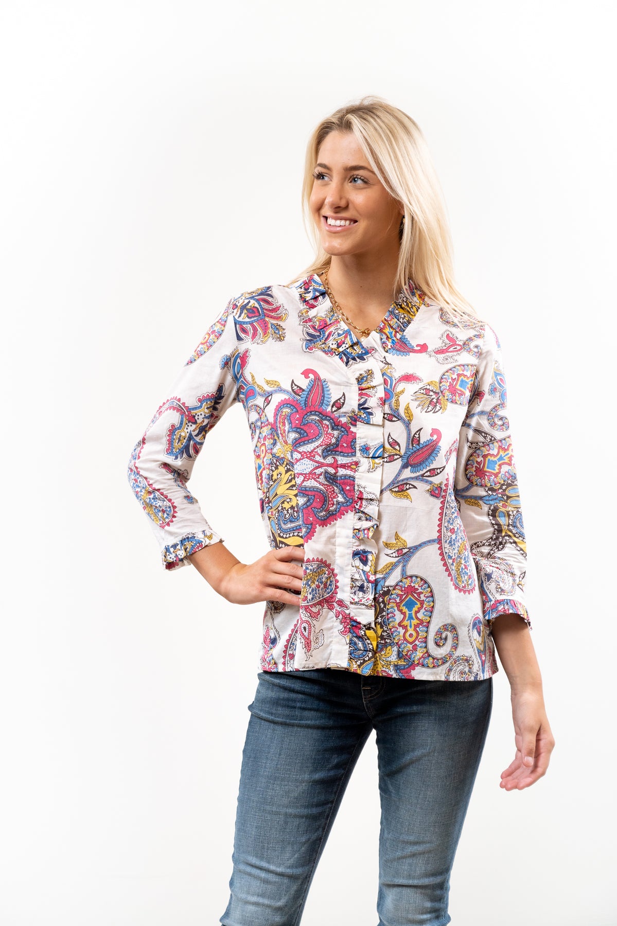 The Bessie Ruffle Front Cotton Blouse in Cream Multi Print – Liza Byrd