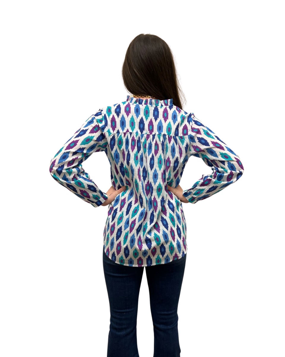 The Serena Cotton Button Front Top in Jewel Tone Ikat – Liza Byrd