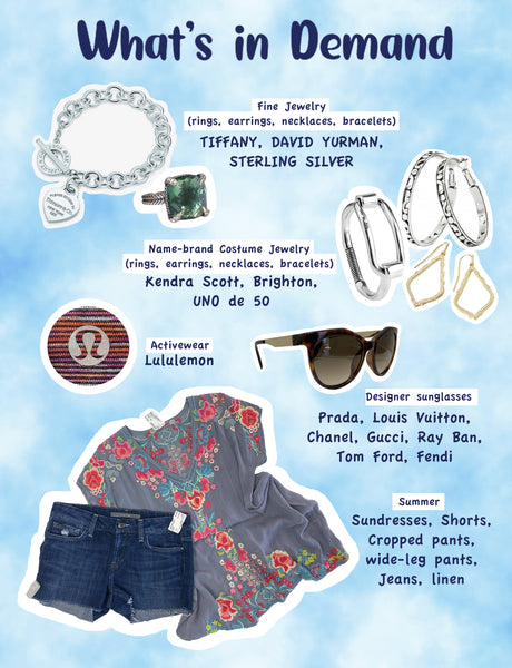 image of jewelry, sunglasses, and summer clothing describing what we are purchasing now. Designer jewelry (david yurman, tiffany), costume jewelry (kendra scott, brighton) Lululemon, Designer sunglasses (gucci, fendi, louis vuitton), summer clothing (designer, name-brand sundresses, shorts)