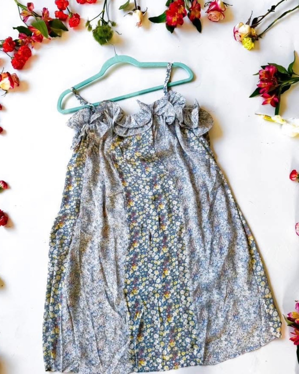 Light Blue Mix Media Block Strapless Spaghetti Strap Ruffle Dress