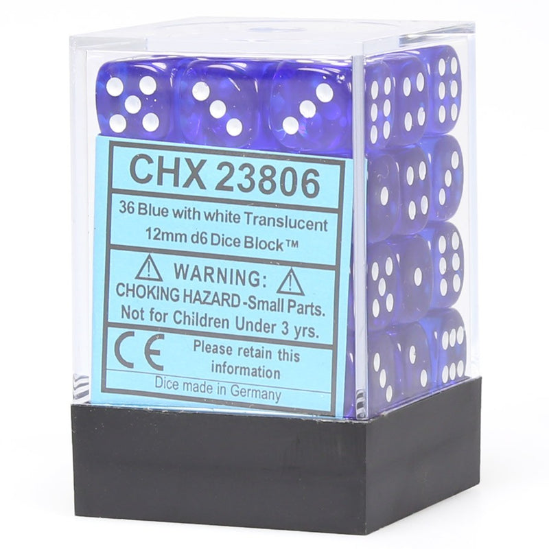 Chessex Dice d6: Translucent Blue w/ White - Set of 36