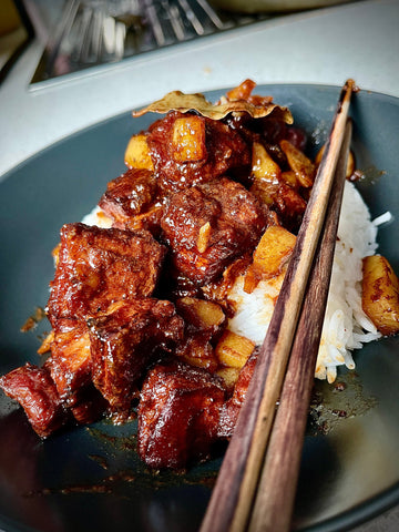 BBQ pork belly adobo with white rice