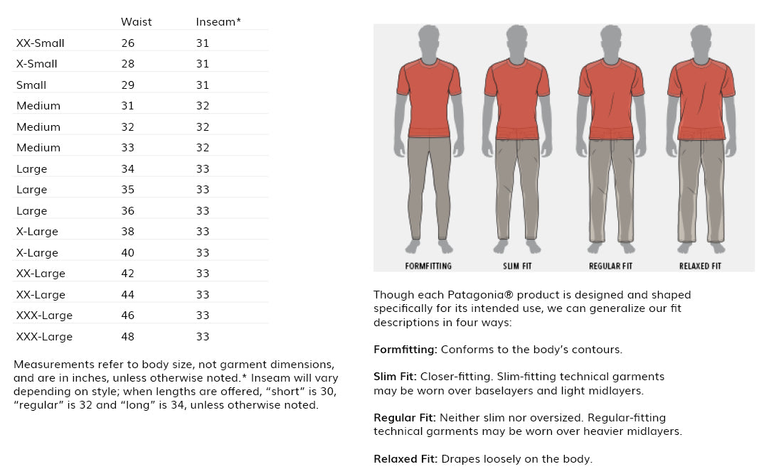 Patagonia Pants Size Guide - Men's – Alpine Start Outfitters