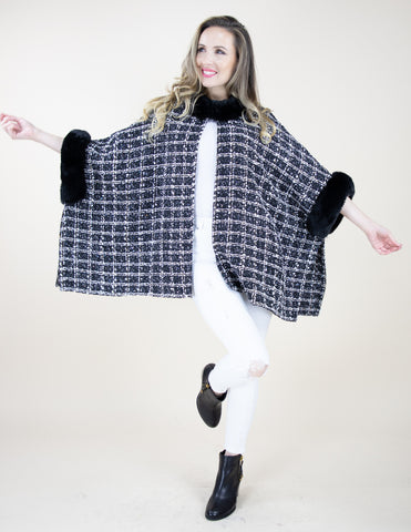 FP60033-BK - Tweed Pattern Cape with Trimmed Faux Fur Neck & Sleeve